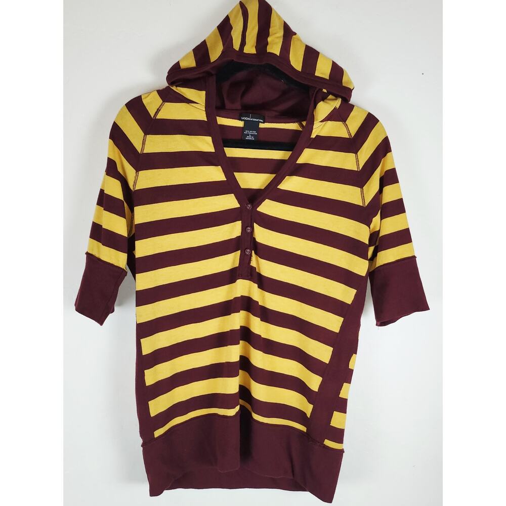 Vintage Moda International Sz L Striped Hooded Henley Tunic Grunge Y2K Retro